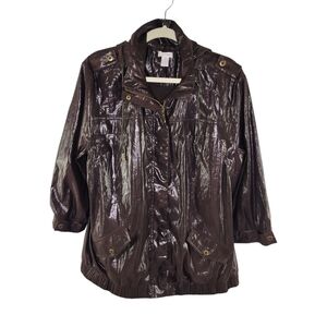 Chico's Brown Waxed Shiny 3/4 Sleeve Bomber Jacket Chico's Size 3/Womens Size 16